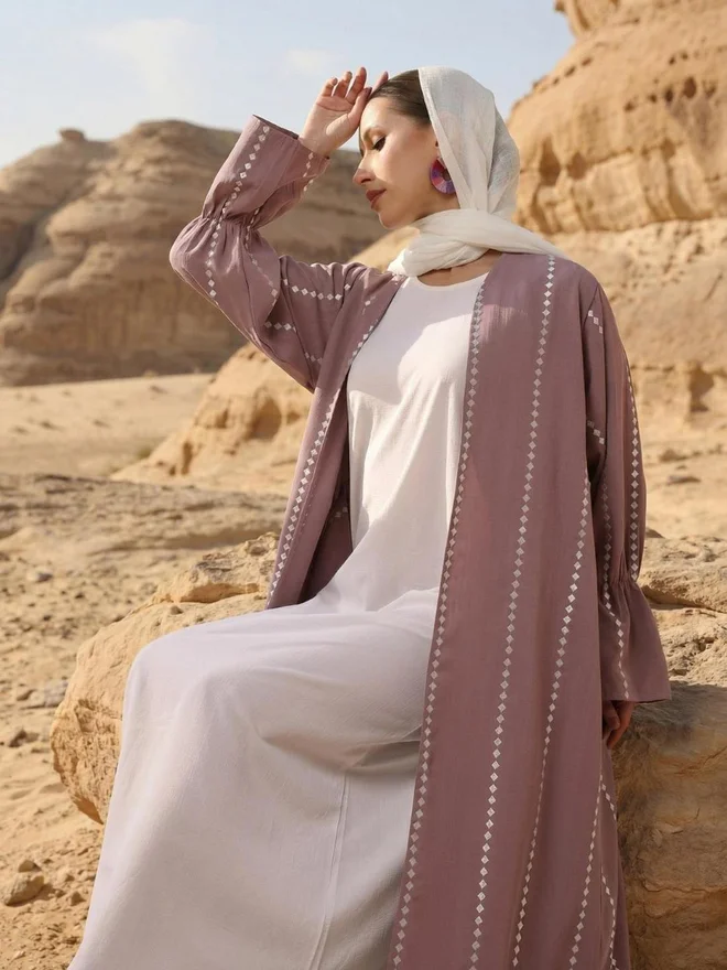 آي شين ISHIN Pink Crinkled Cotton Relaxed Abaya with Hijab